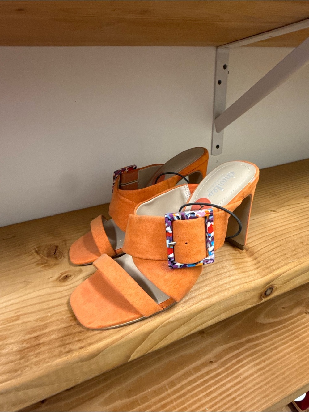 Women's Orange Suede Buckle Heeled Sandals